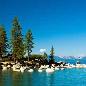 Alpine lake with granite peaks in the Sierra Nevada