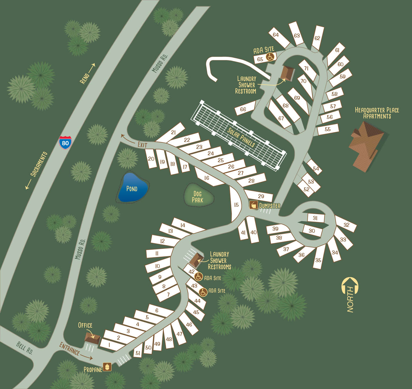 Map of Auburn RV Resort showing RV site layout and resort facilities in Auburn, California